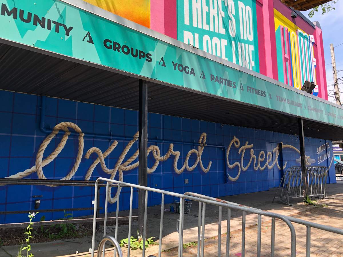 Jake Seibert’s mural says “Oxford Street: Smooth Sailing,” a light-hearted message poking fun at the traffic jams along the street.