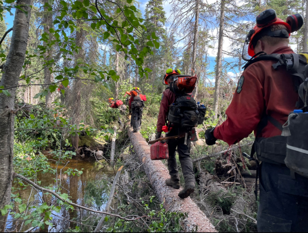 BC Wildfire Service crews battle the Klawli Lake wildfire south of Prince George, B.C. in summer of 2023.