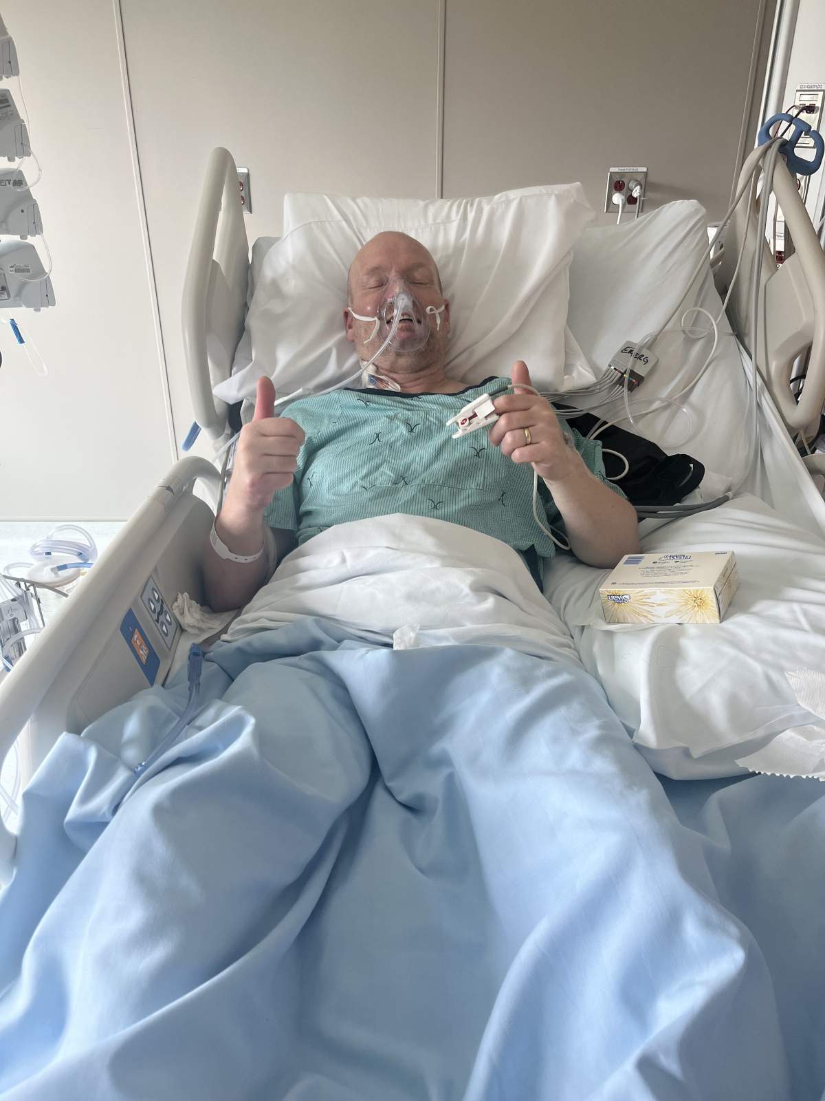 Whiteley gives two thumbs up during his recovery.