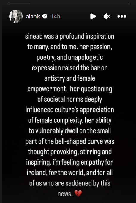 Alanis Morissette's Instagram story. It is white text on a black background.
