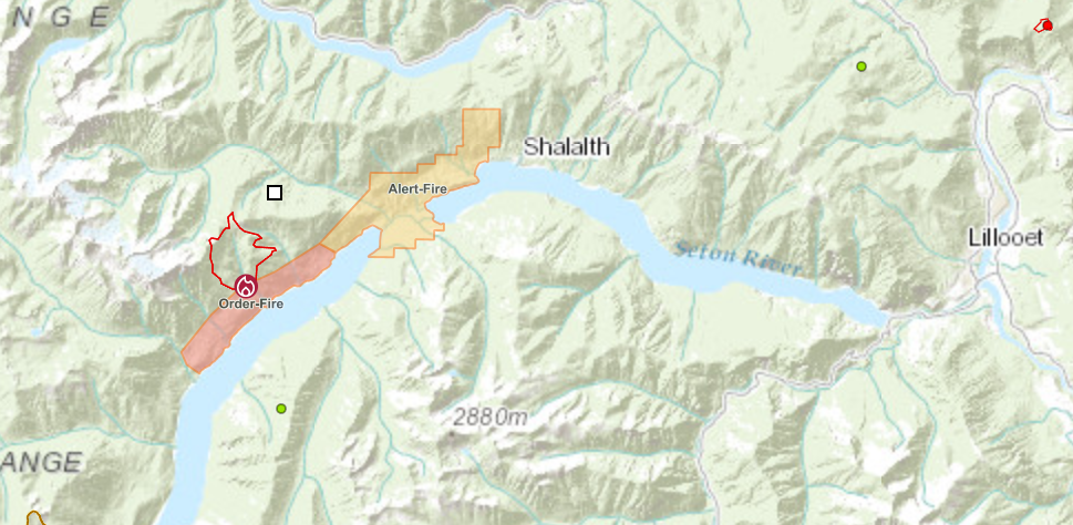 A map showing evacuation orders and alerts for the Casper Creek wildfire as of Thursday, July 20, 2023.