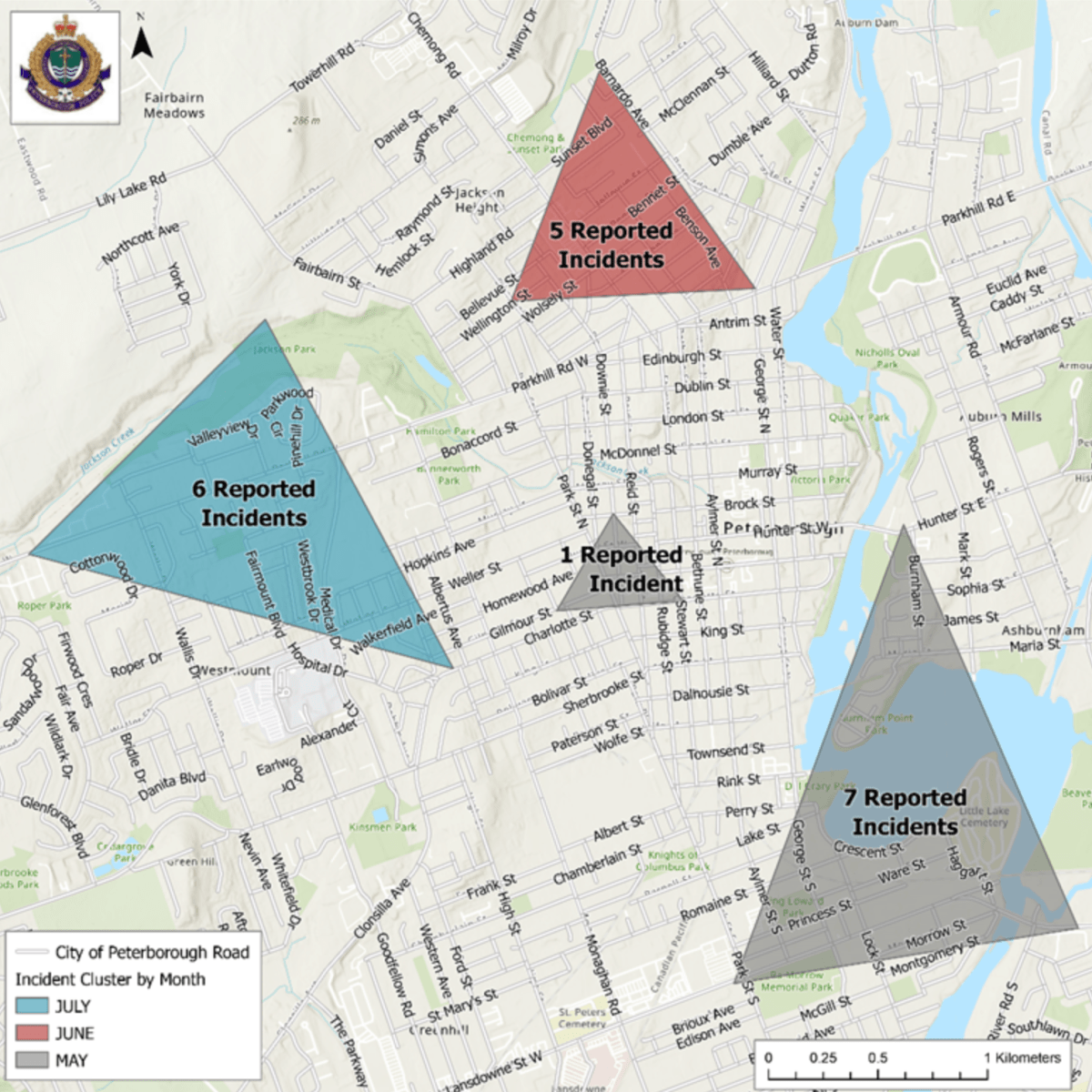 A map of where anti-Semitic flyers have been found across Peterborough, Ont., since May 2023.