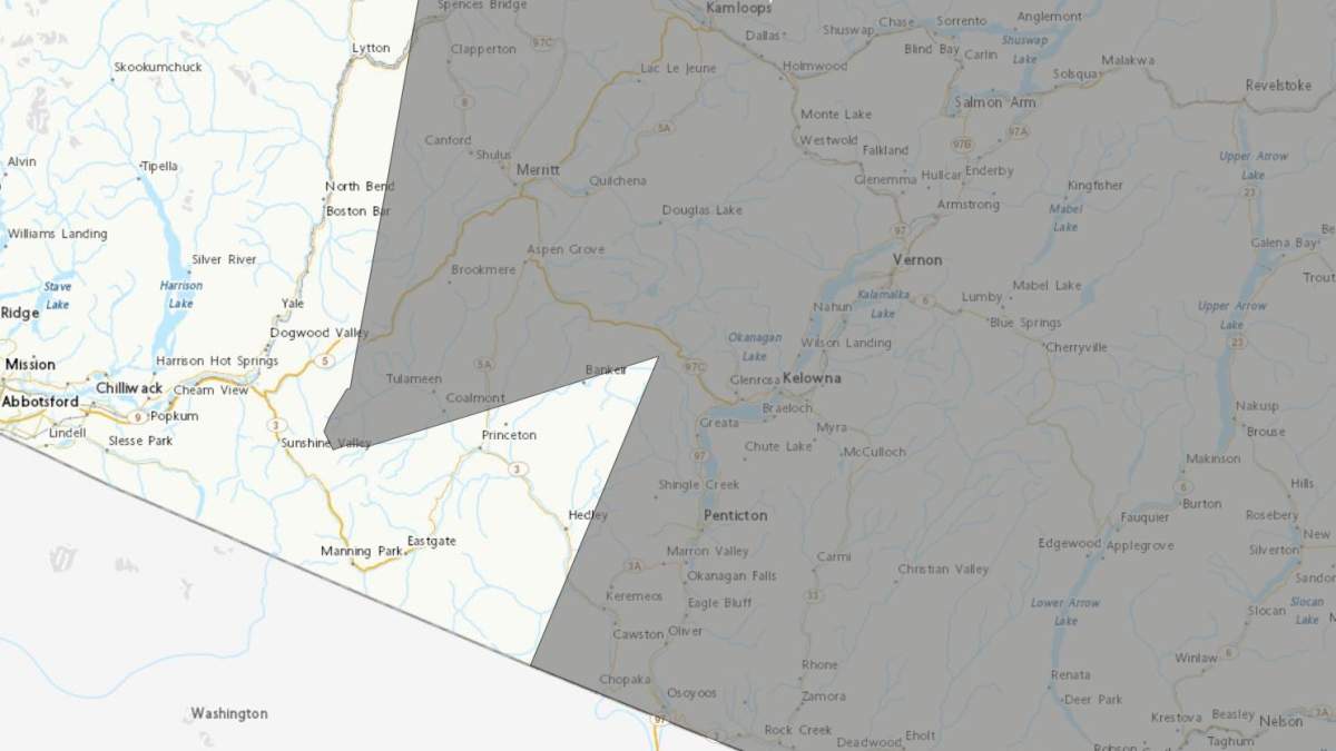 A map showing the smoky skies bulletin covering the Southern Interior on Friday, July 14, 2023.