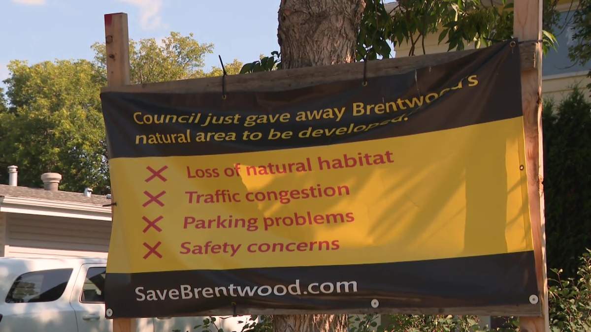 A sign saying residents in Sherwood Park's Brentwood neighbourhood oppose the proposed location of the Strathcona County Boys and Girls Club facility.