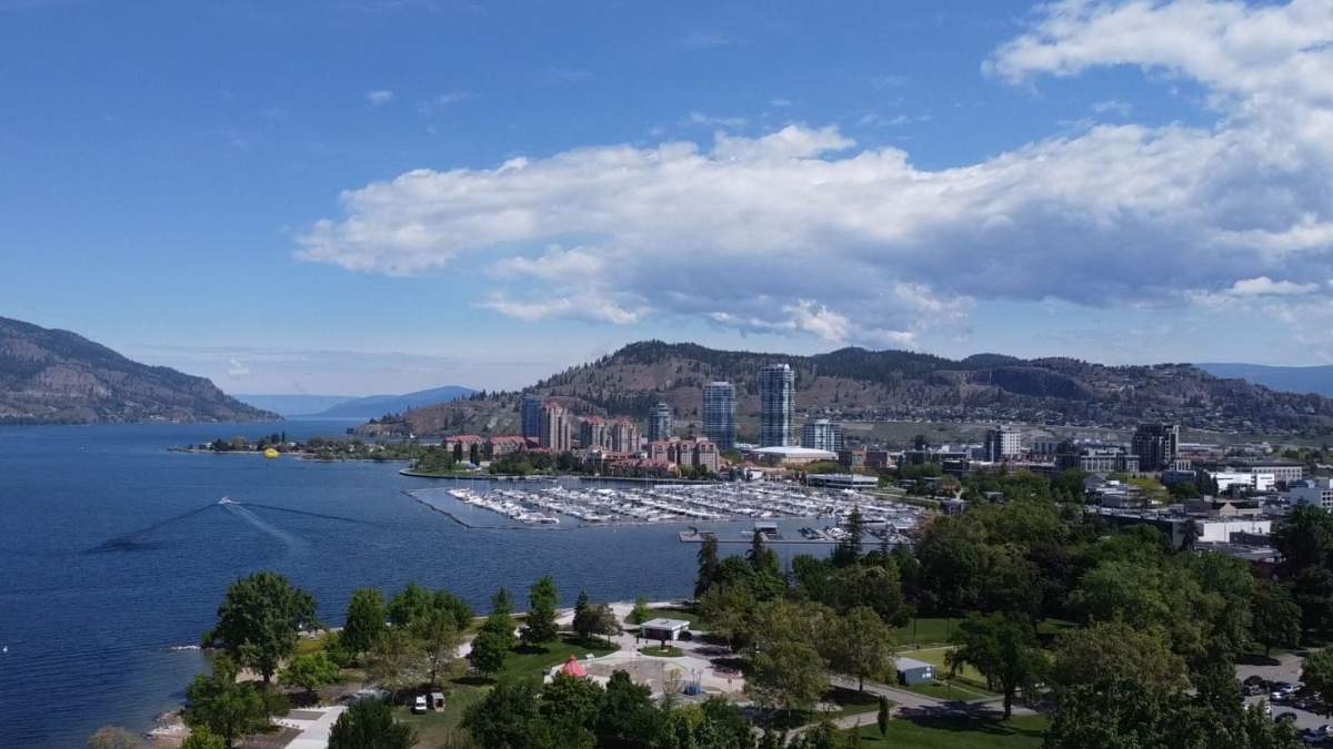 A drone view of Kelowna and Okanagan Lake.