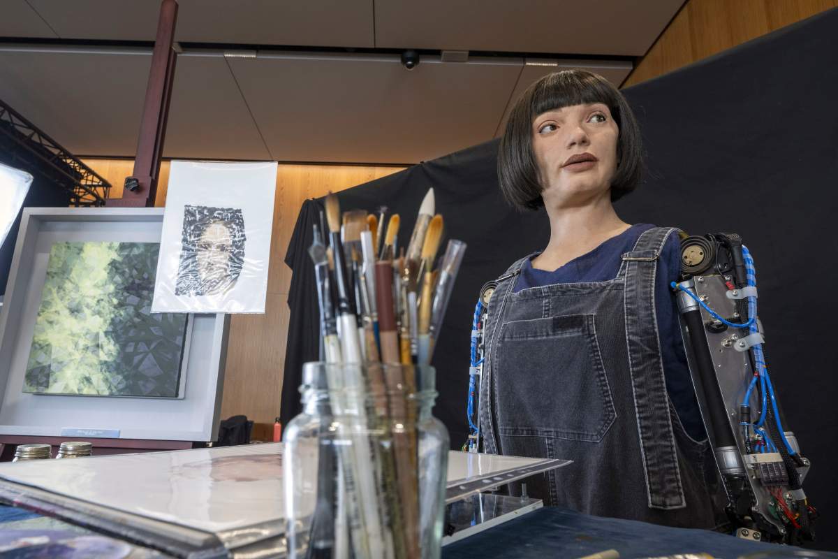 Humanoid robot Ai-Da is pictured during the ITU’s AI for Good Global Summit in Geneva, Switzerland, Wednesday, July 5, 2023.