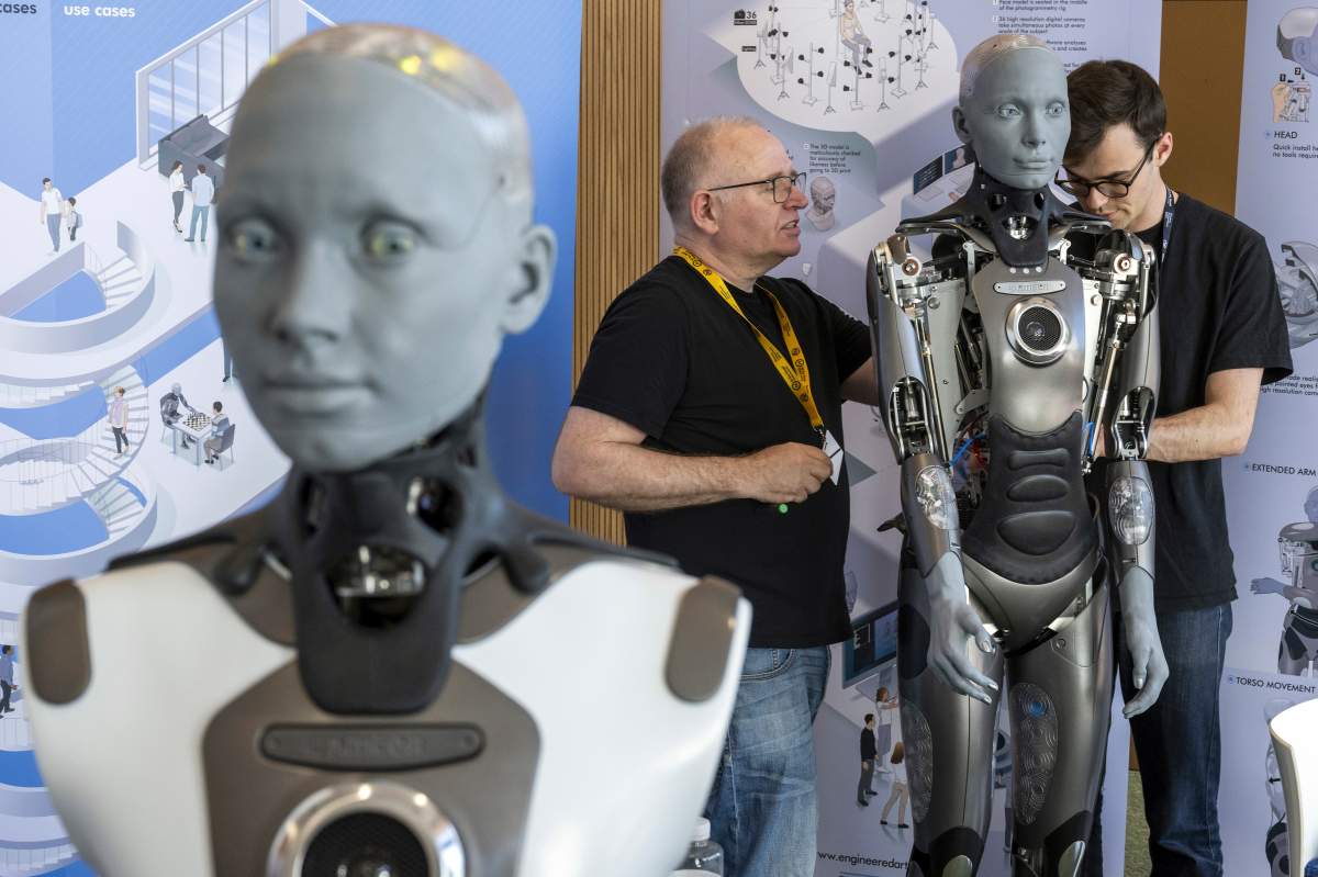 Humanoid robot Ameca is pictured during the ITU’s AI for Good Global Summit in Geneva, Switzerland, Wednesday, July 5, 2023.
