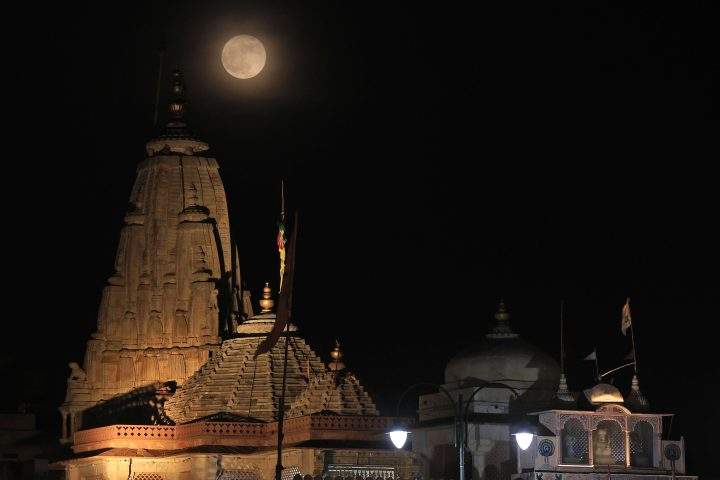 Supermoon appears in the sky over the Laxminarayan temple, in Jaipur, Rajasthan, India, on Monday.