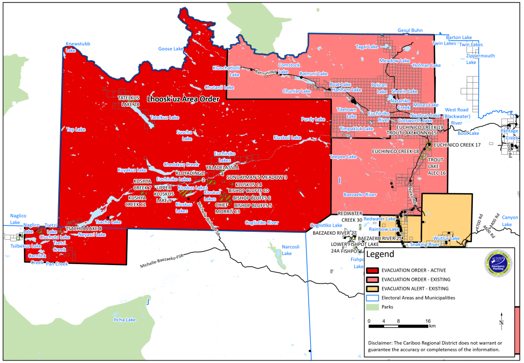 A Cariboo Regional District map shows properties impacted by the evacuation order issued Fri. July 14, 2023, due to nearby wildfires.