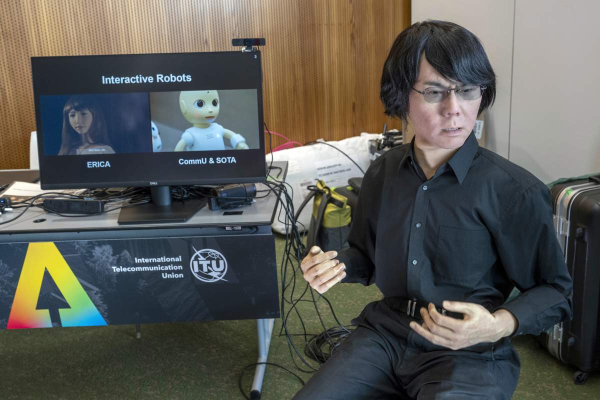 Humanoid robot Hiroshi 6 is pictured during the ITU’s AI for Good Global Summit in Geneva, Switzerland, Wednesday, July 5, 2023.