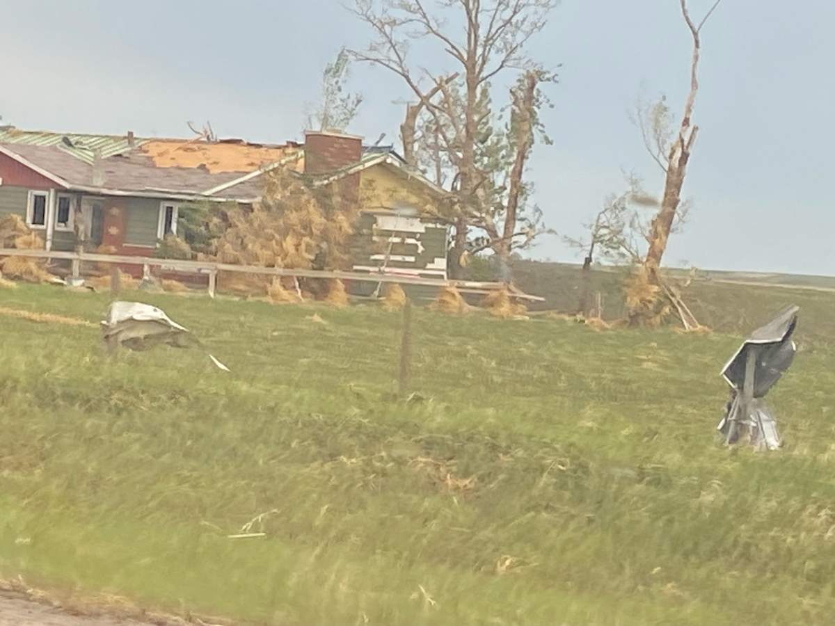 Damage from the tornado in Mountain View County, Alta. on July 1, 2023.