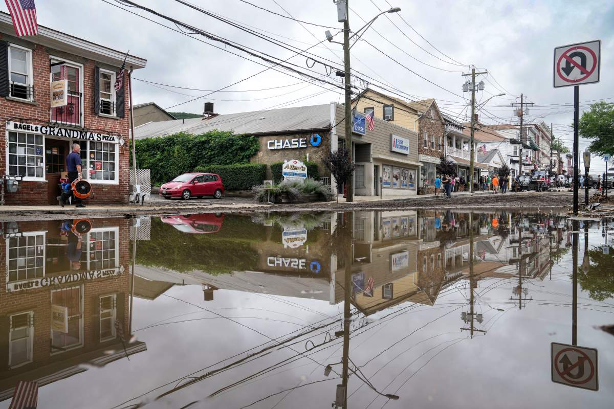 People walking around a flooded street