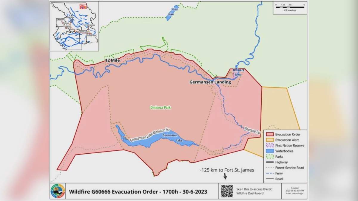 An evacuation order has been issued by Takla First Nation, BC Parks, and the Regional District of Bulkley-Nechako effective June 30, 2023, at 1700 hours due to the Big Creek wildfire.