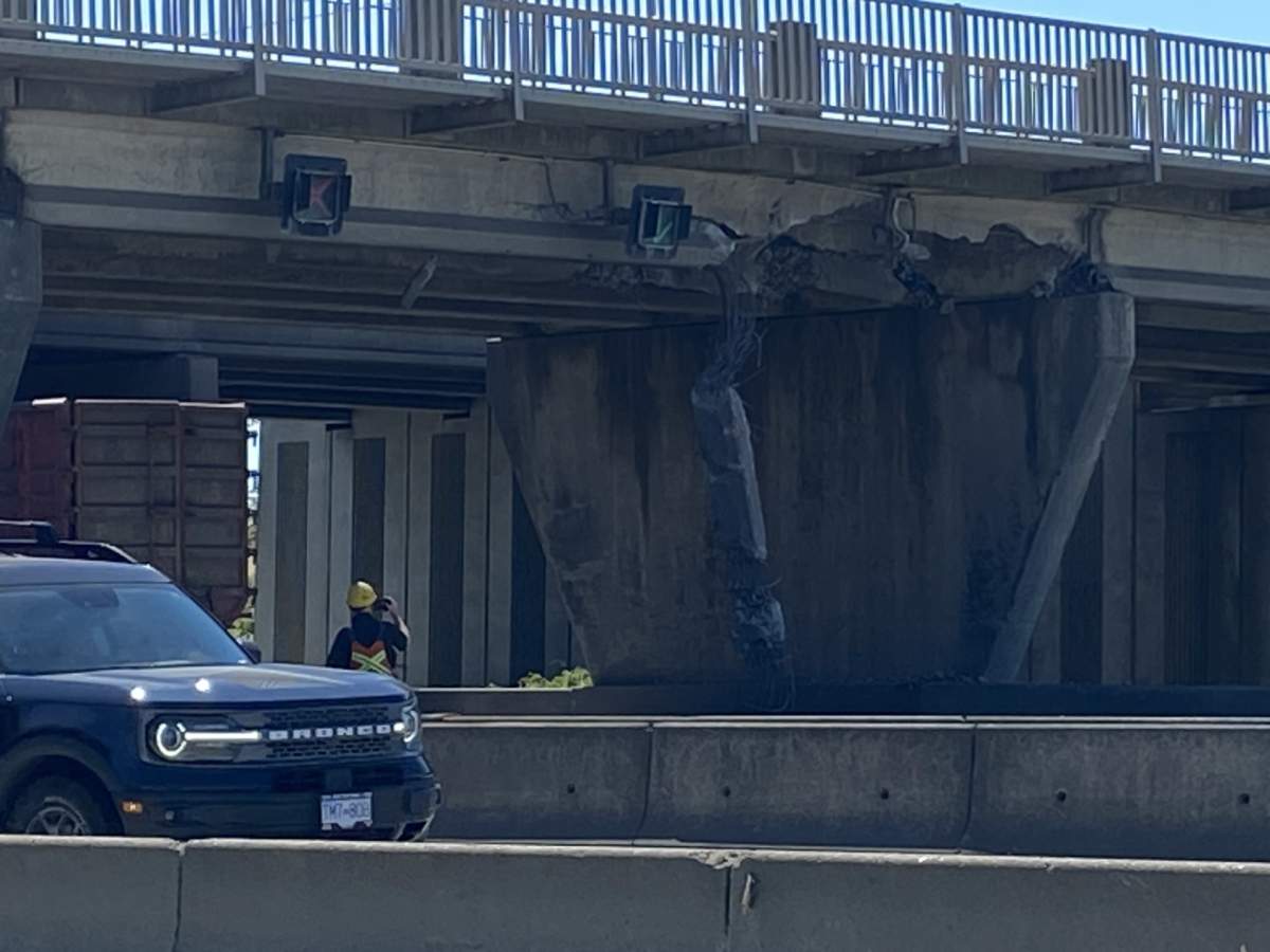 A look at the damage to the Highway 17A overpass on Highway 99 Tuesday.