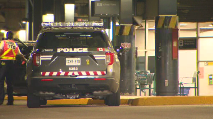 A police cruiser is seen at Eglinton Station on Thursday after a stabbing onboard a subway train.