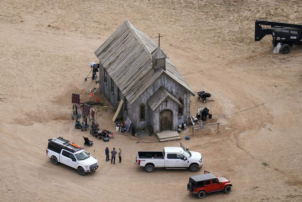 FILE - This aerial photo shows the Bonanza Creek Ranch in Santa Fe, N.M., on Oct. 23, 2021, used for the film "Rust."