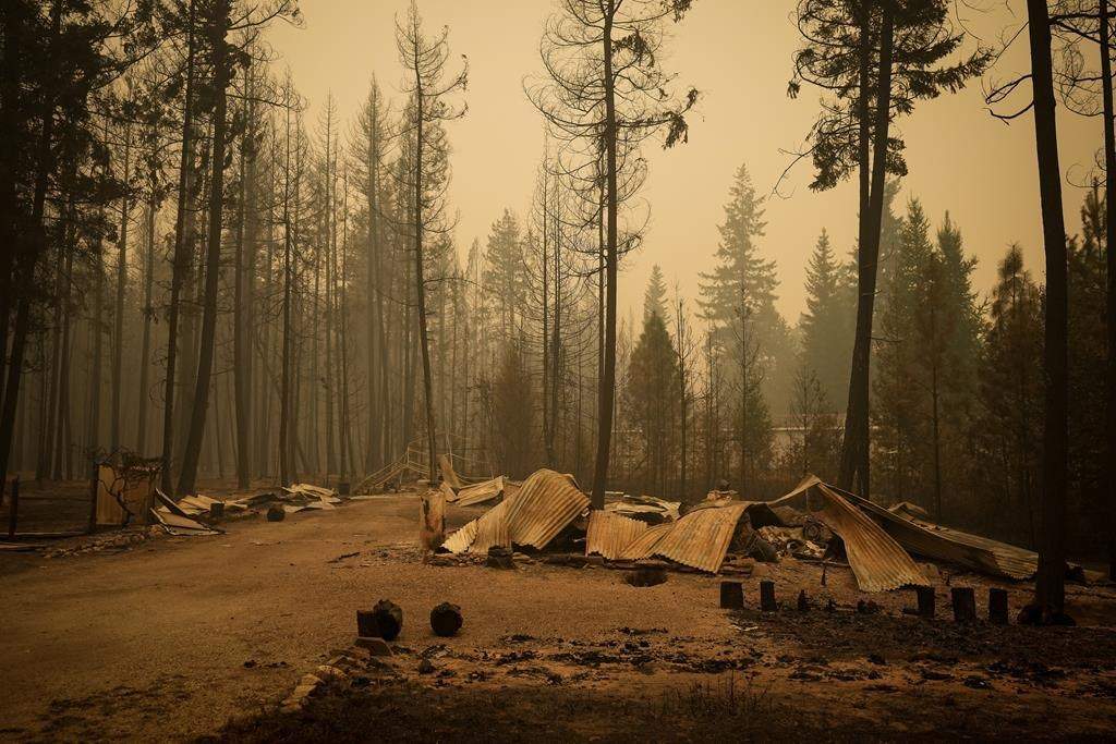 A property destroyed by the Lower East Adams Lake wildfire is seen in Scotch Creek, B.C., on Sunday, Aug. 20, 2023. THE CANADIAN PRESS/Darryl Dyck.