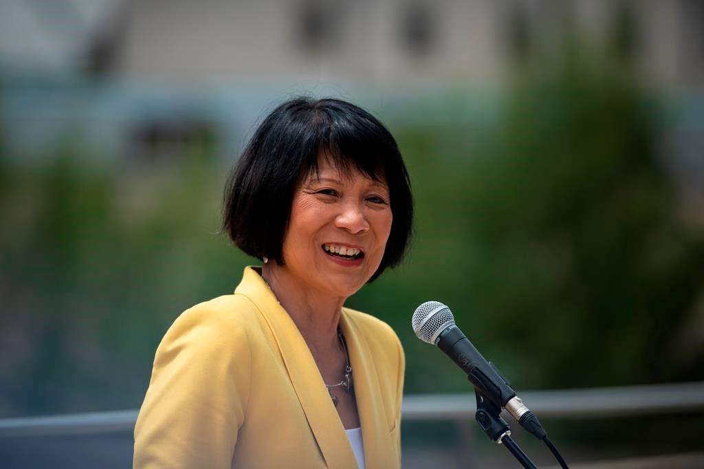 Newly elected Mayor Olivia Chow speaks at her first media availability after being officially sworn-in at Toronto City Hall, on July 12, 2023. THE CANADIAN PRESS/ Tijana Martin.