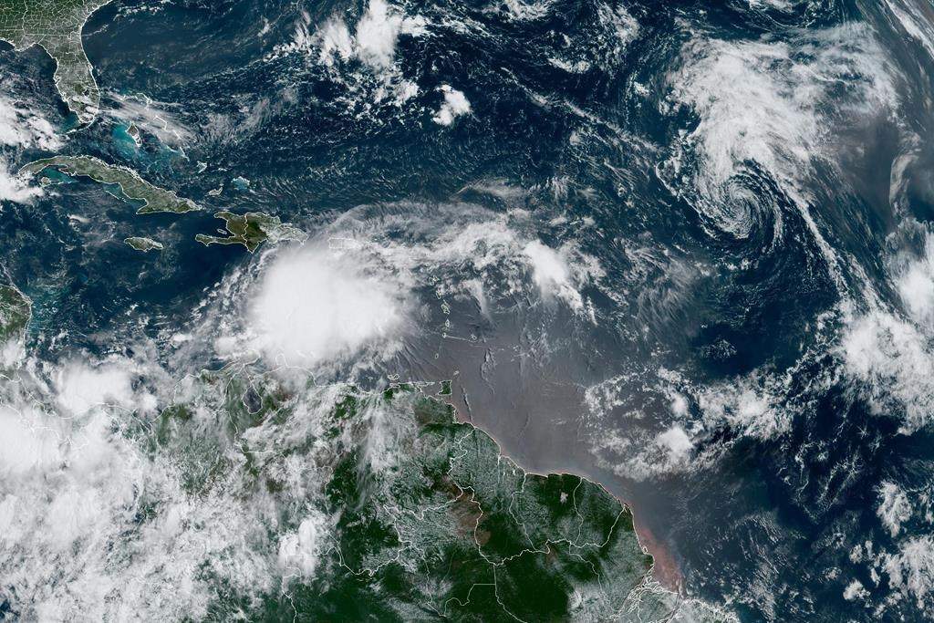 Tropical Storm Franklin moves south of Hispaniola island Monday, Aug. 21, 2023, 9:03am ET satellite handout image. The Canadian Hurricane Centre says tropical storm Franklin is not expected to affect land as it tracks further away from the coast of Newfoundland. THE CANADIAN PRESS/AP-HO, National Oceanic and Atmospheric Administration, *MANDATORY CREDIT*.