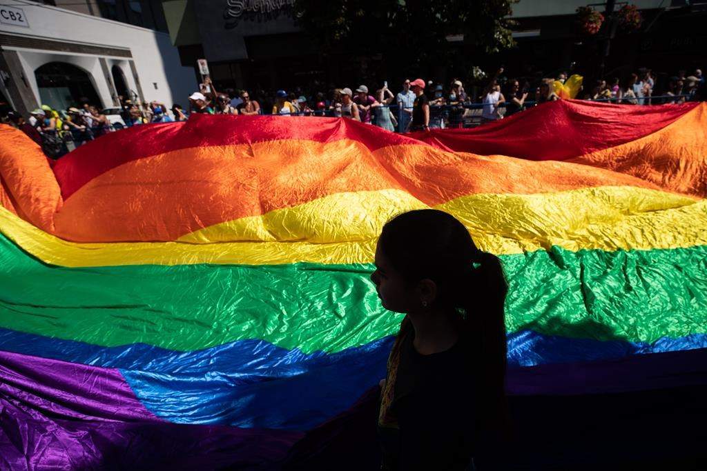 A giant rainbow flag is carried during the Vancouver Pride Parade, in Vancouver, on Sunday, July 31, 2022. RCMP say a protest at a drag storytime event for children at a library in the B.C. Interior over the weekend has resulted in one arrest and an investigation into reports of a separate assault at the scene.