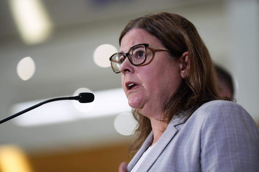 Heather Stefanson speaks during a news conference in Winnipeg on Monday, June 19, 2023.