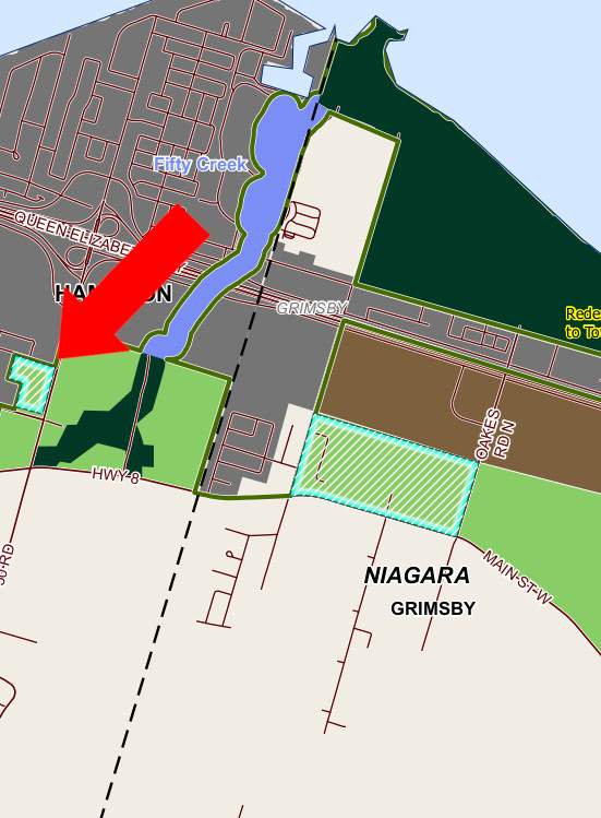 An arrow points to Lands at 331 and 339 Fifty Road in Hamilton Ont. identified in the Environmental Registry of Ontario as property ready for development.