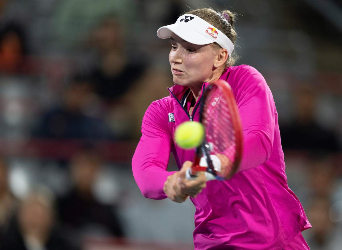 Elena Rybakina of Kazakhstan, hits a return to Daria Kasatkina of Russia, during quarterfinal action at the National Bank Open tennis tournament in Montreal, Friday, Aug.11, 2023.