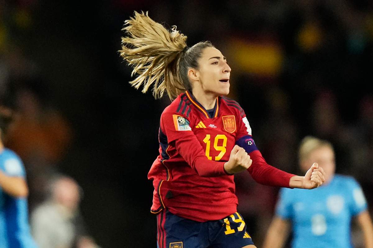 Spain's Olga Carmona celebrates after scoring the opening goal during the final of Women's World Cup soccer between Spain and England at Stadium Australia in Sydney, Australia, Sunday, Aug. 20, 2023.
