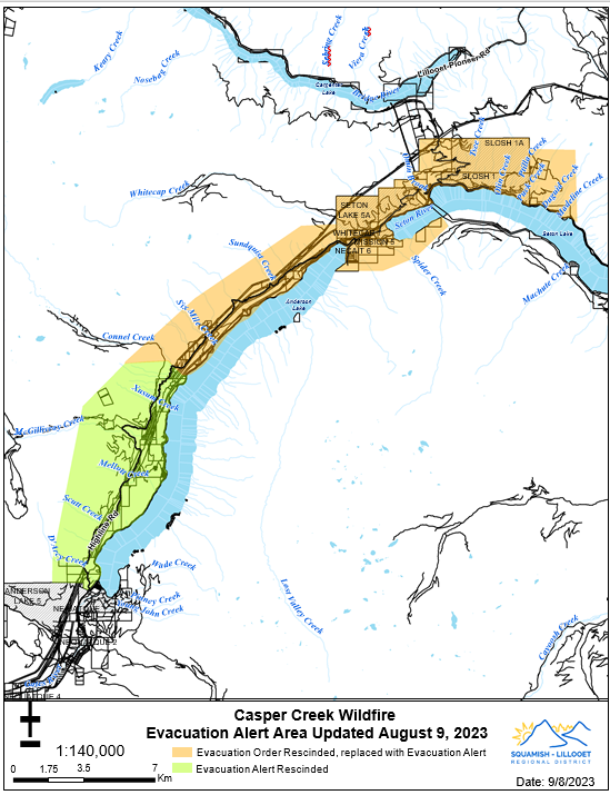A map showing a downgraded evacuation order and rescinded evacuation alert in the Seton Portage area.