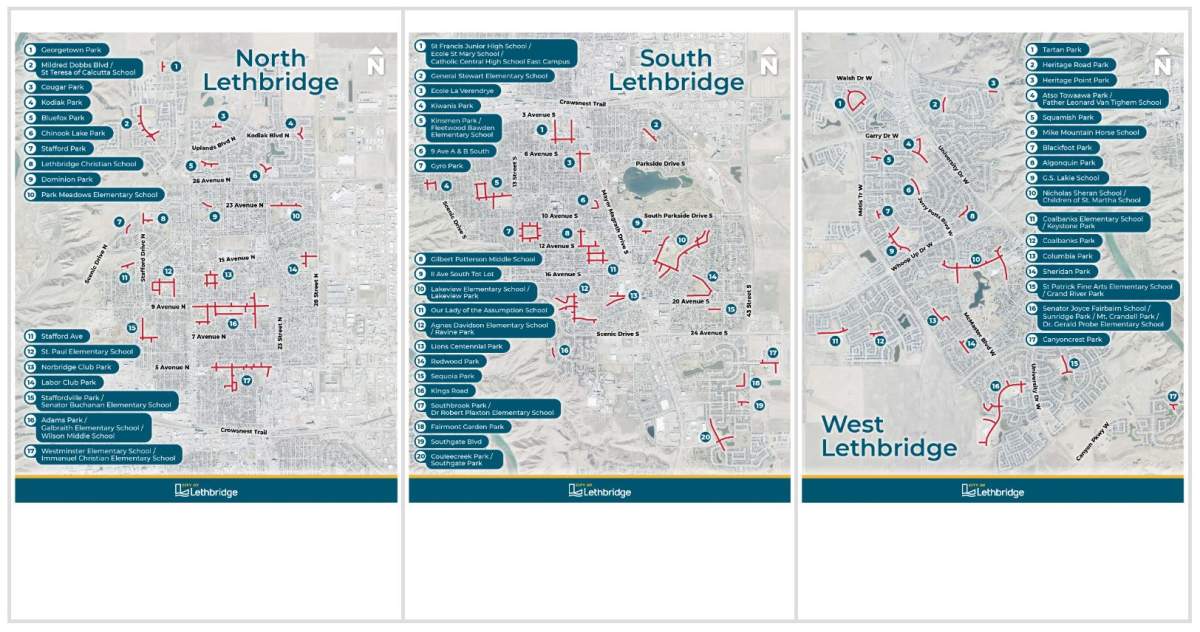 Maps of the North, West and South parts of Lethbridge that will see school zones harmonized to playground zones starting September 5, 2023.