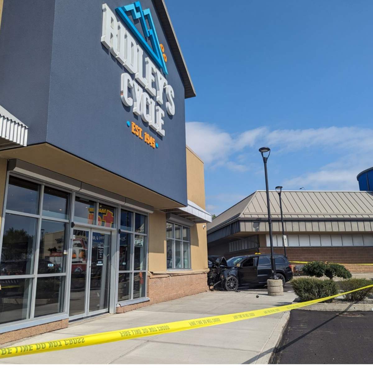 One person was taken to hospital after an SUV crashed into the exterior of the Ridley’s Cycle location in the Westhills Towne Centre Tuesday morning.