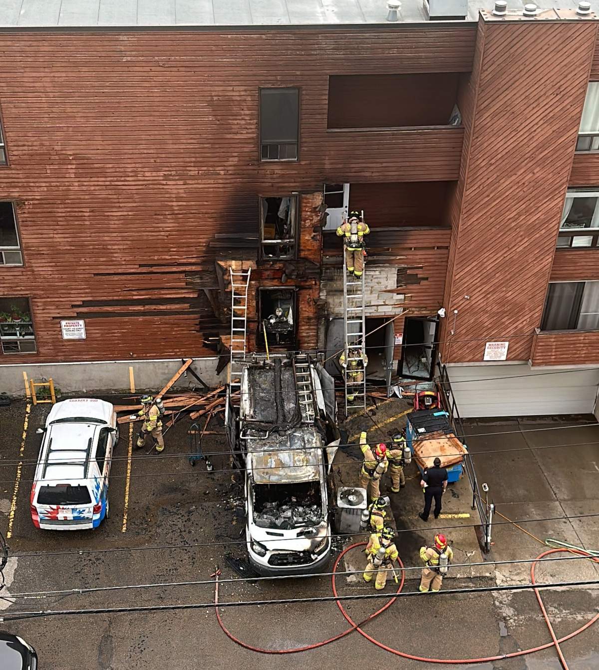An explosion was heard and car spotted on fire in an alley near 100th Avenue and 112th Street in downtown Edmonton on Thursday, Aug. 31, 2023.