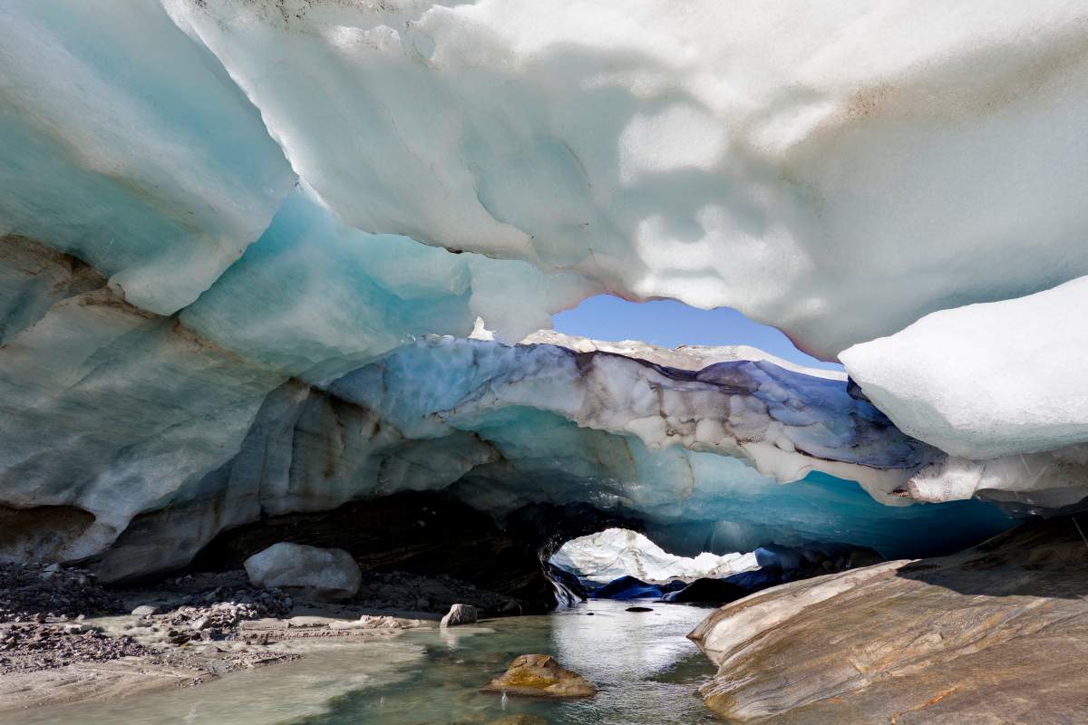 Ice cave and glacier snout of Schlatenkees glacier.