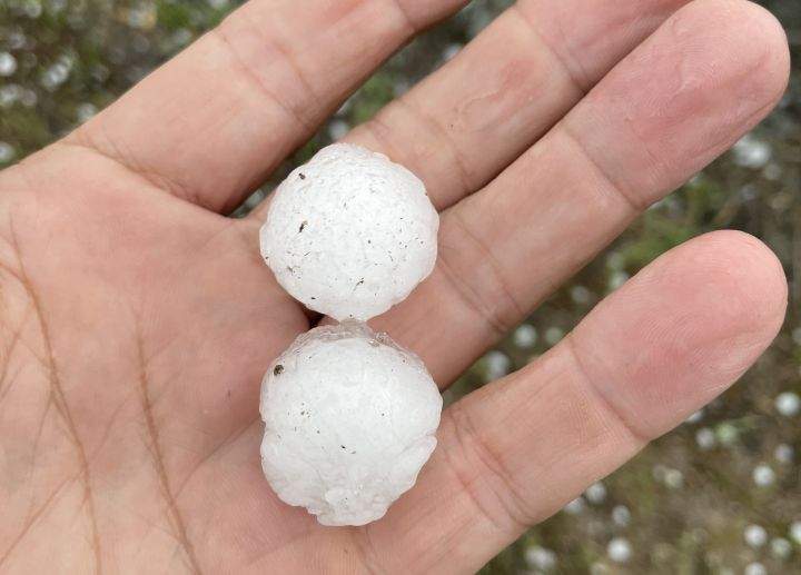 Hail is seen west of Irricana, Alta., on Aug. 10, 2023.