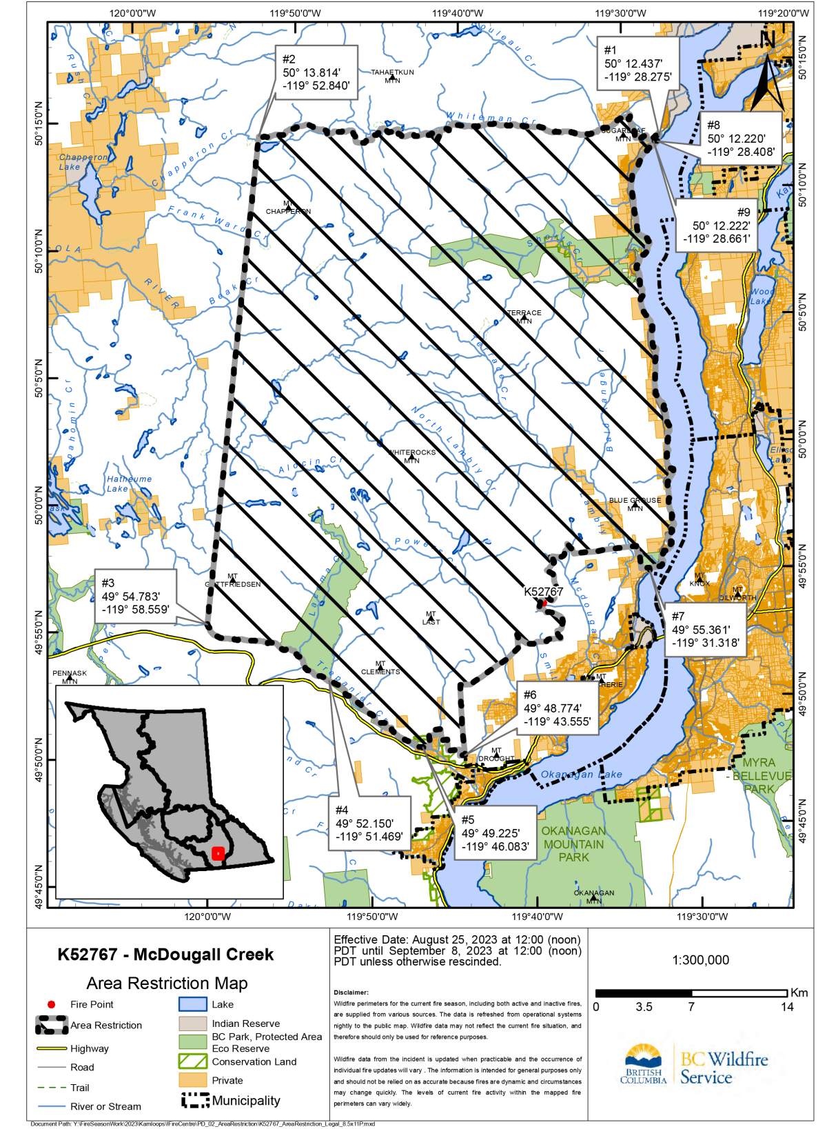 A map showing the area restriction order for the McDougall Creek wildfire just above West Kelowna, B.C.