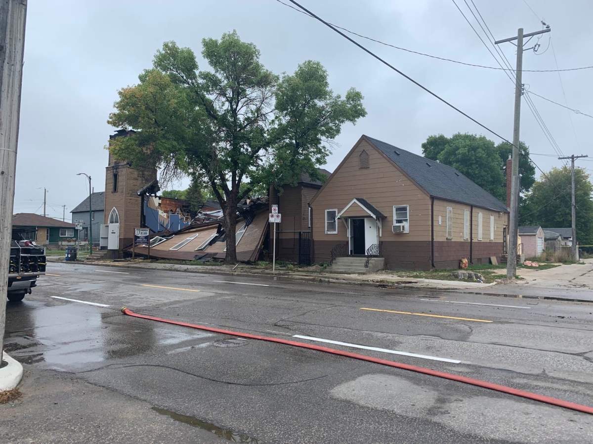 The collapsed front of the church can be seen in this photo from Wednesday morning.