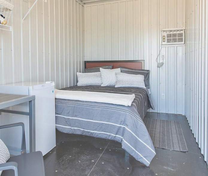 An inside view of a modular bridge housing unit being built on Wolfe Street in Peterborough to assist those experiencing homelessness.