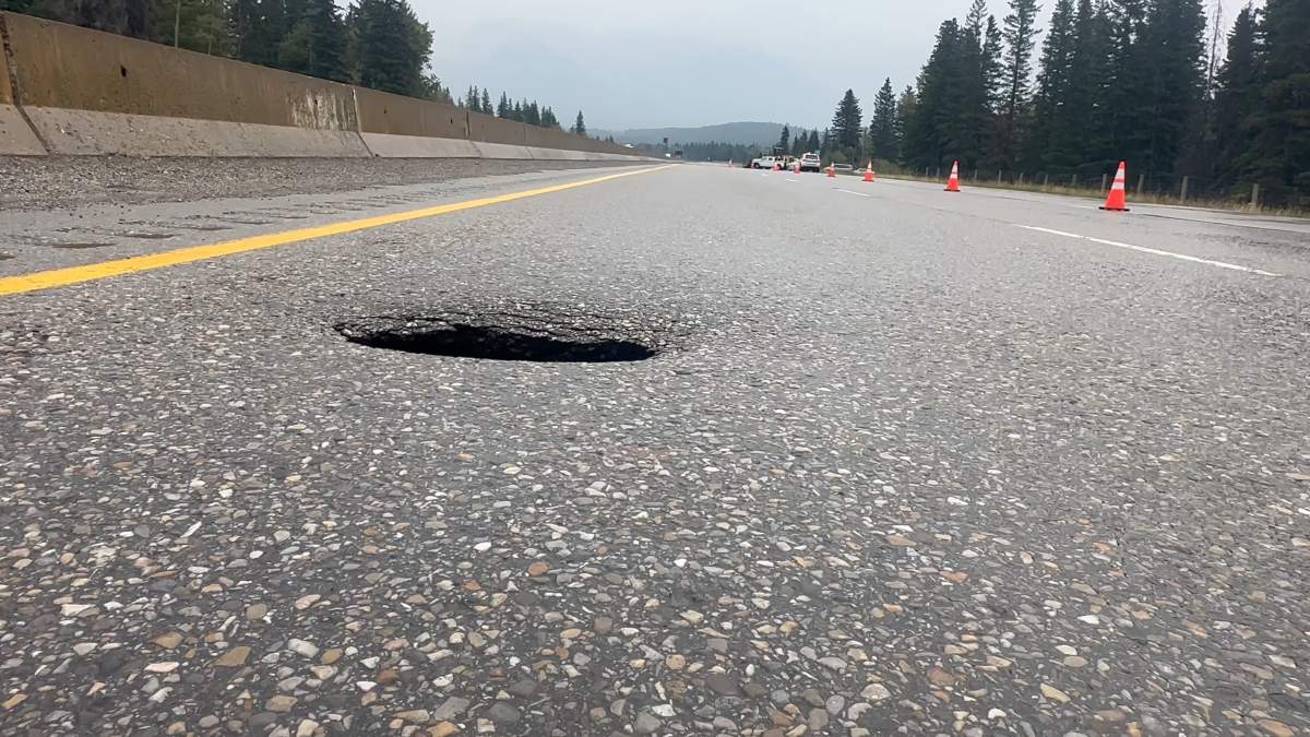Trans-Canada Highway sinkhole near the Norquay Road entrance to the Banff townsite.