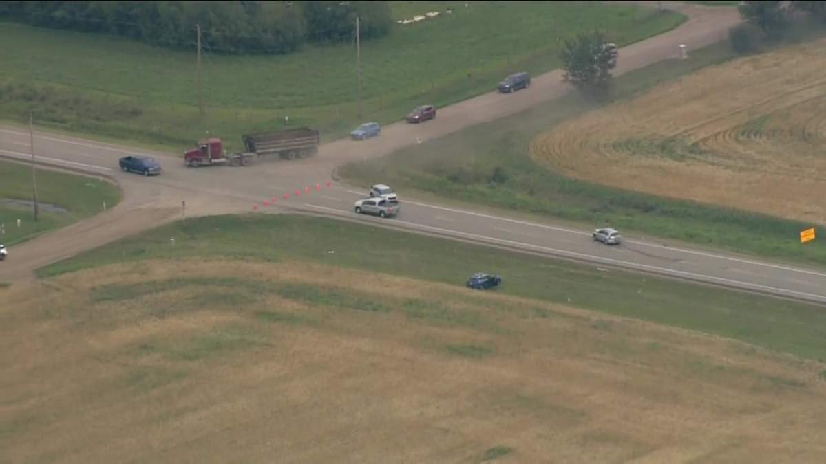 A collision on Highway 19 at Range Road 254 south of Edmonton on Tuesday, August 22, 2023.
