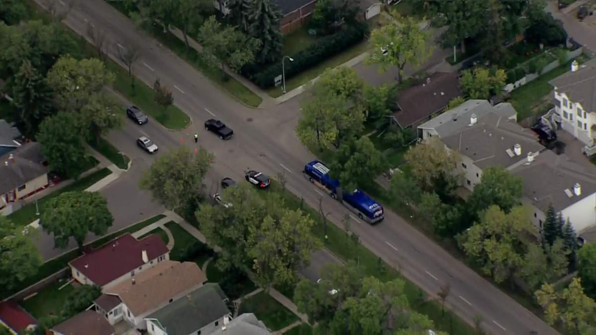 A collision between a pedestrian on 97 Street at 117 Avenue in central Edmonton sent a teenager to hospital in critical condition on Tuesday, August 22, 2023.