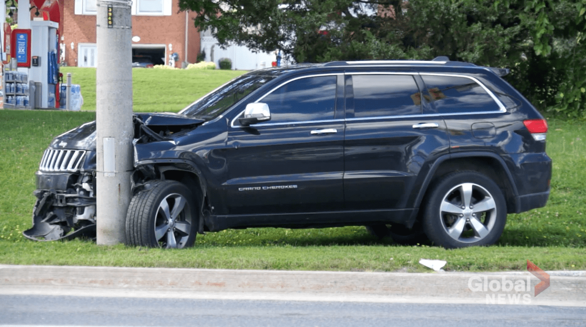 A Jeep crashed into a pole at the intersection of Towerhill Road and Chemong Road in Peterborough on Aug. 11, 2023.