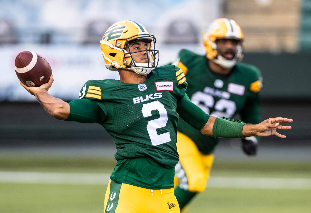Elks quarterback Tre Ford drops back to pass against the B.C. Lions during the 2022 CFL season.