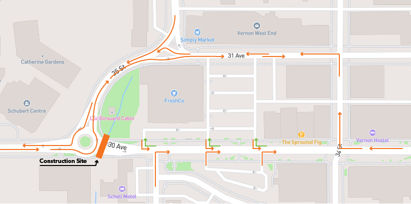 A map showing the area of 30th Avenue in Vernon where the road will be temporarily closed for the next two weeks or so.