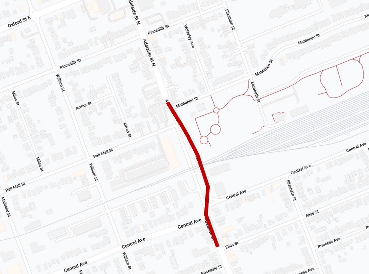 A map graphic showing the closure of Adelaide Street North between McMahen and Elias Streets.