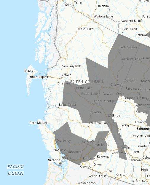 A map showing the extent of air quality advisories in B.C. at noon on Friday, Aug. 25, 2023.