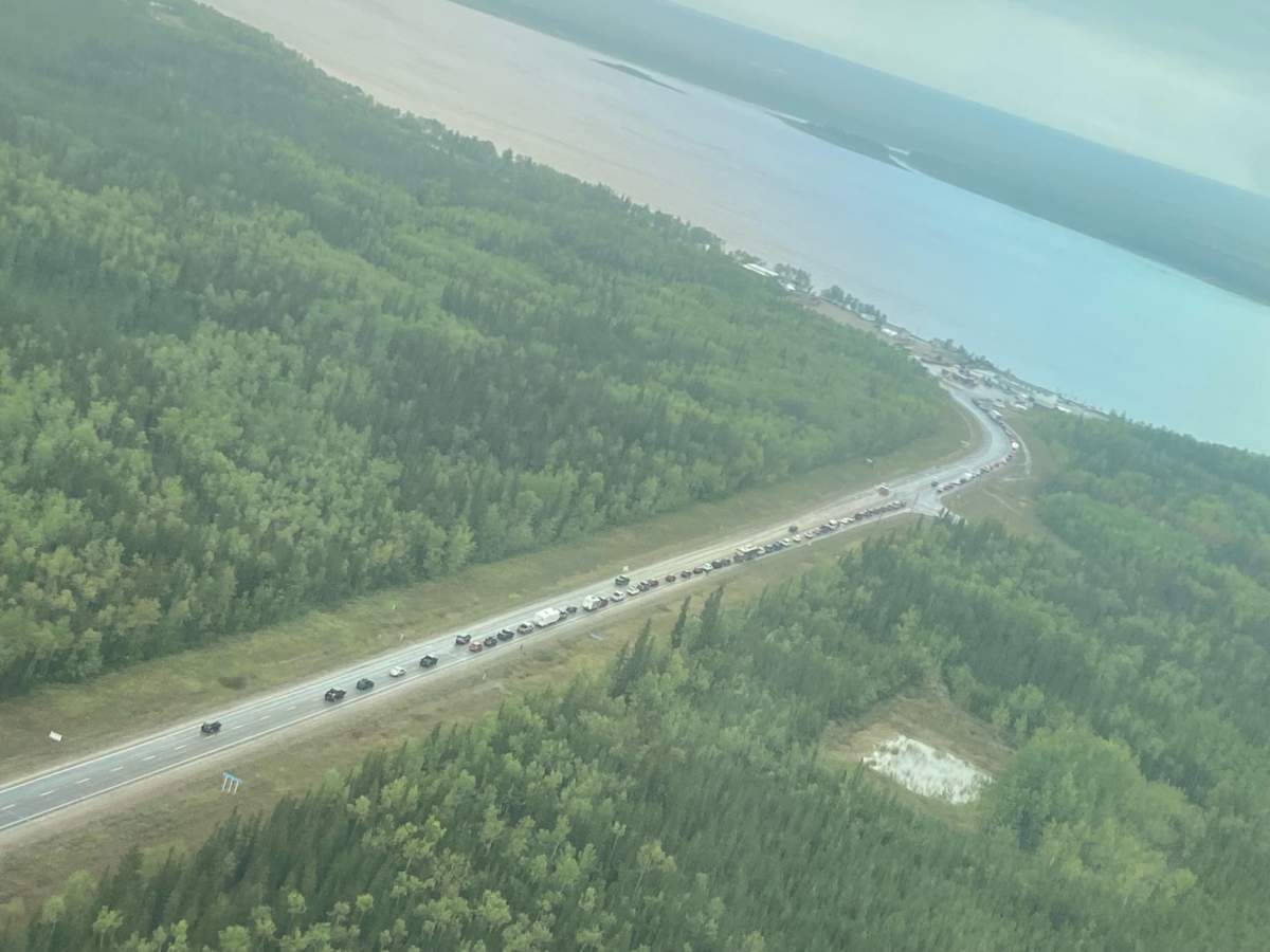 An aerial view of the line up of evacuees trying to leave the Northwest Territories.