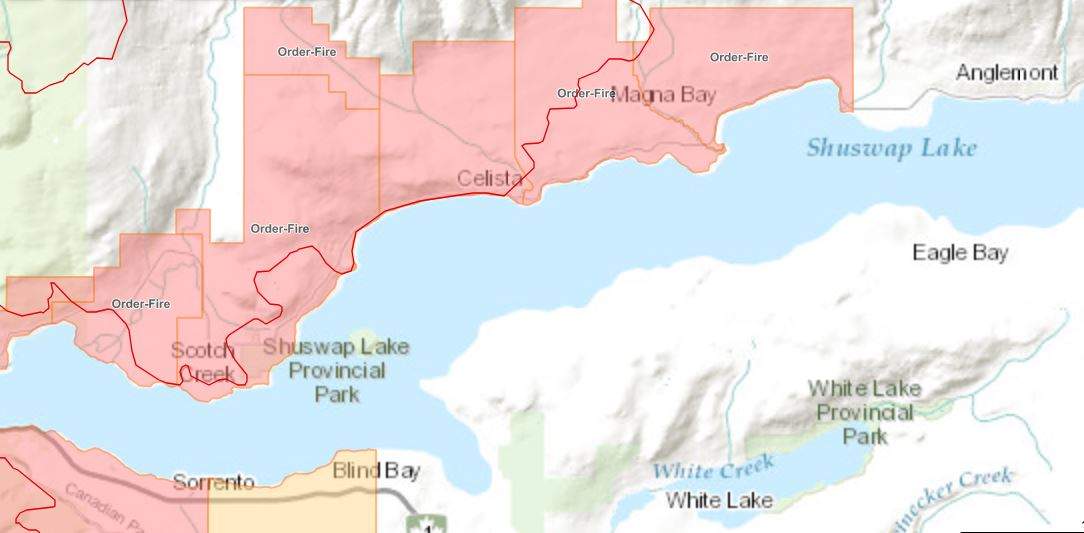 A map showing some of the evacuation orders and alerts associated with the Bush Creek East fire, and the locations of Blind Bay and Anglemont, which are outside of the fire zone.
