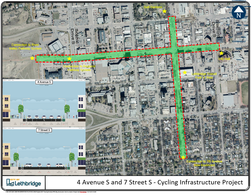 A map of the protected bike lanes to go along Fourth Avenue South and run west to Stafford Drive South and Seventh Street South between Third and Seventh Avenue.