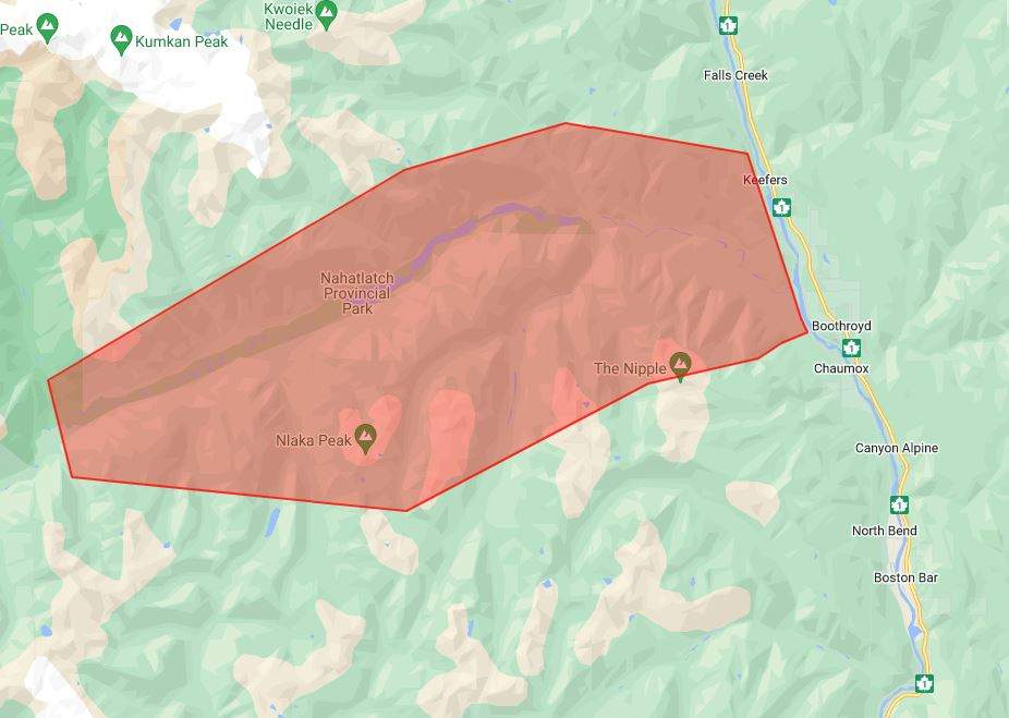 The area of an evacuation order near the Fraser Canyon community of Keefers.