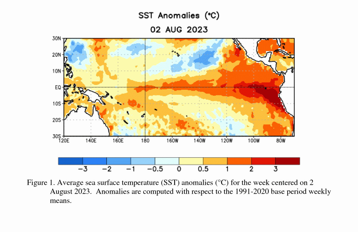 In this image from the National Oceanographic and Atmospheric Administration (NOAA), warmer-than-average ocean temperatures can be observed building next to coasts of Ecuador and Peru, indicative of the formation of an El Niño cycle.
